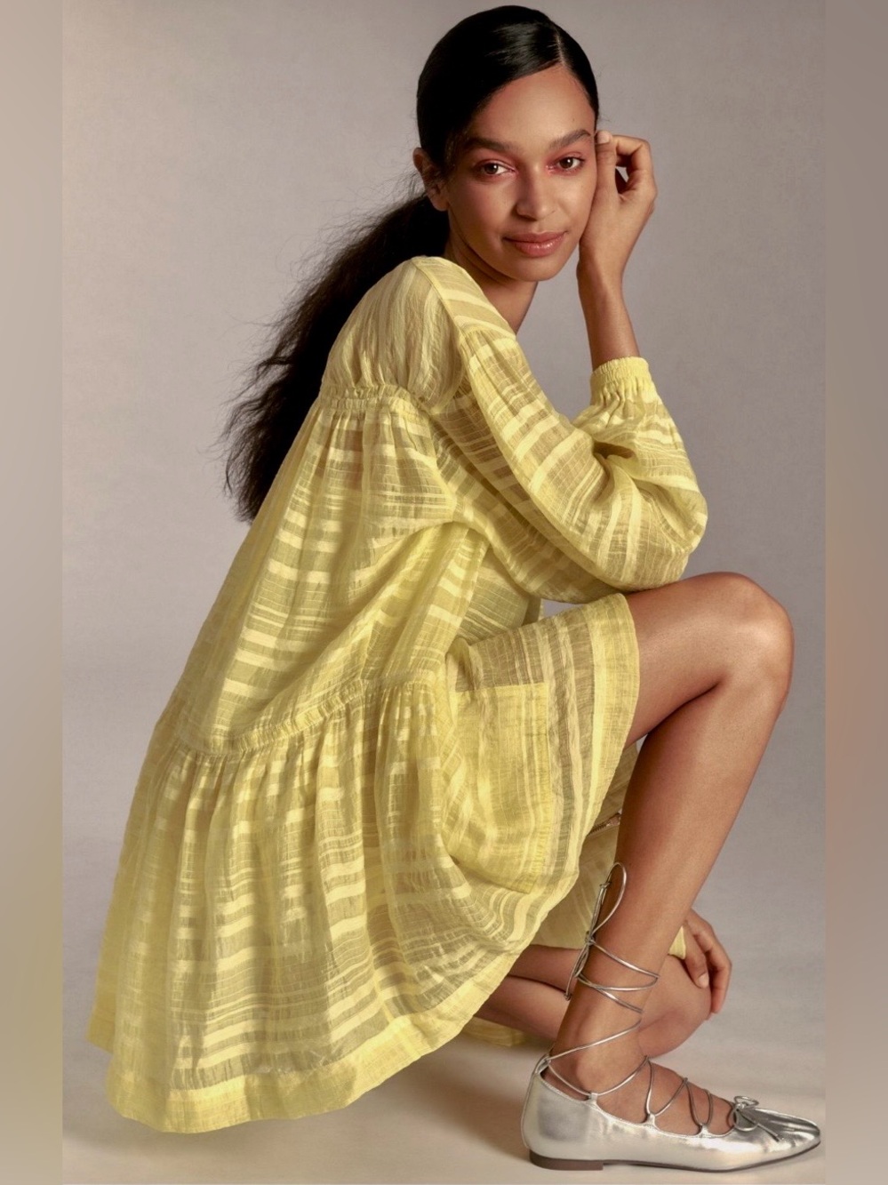 Anthropologie Yellow Textured Zipped Tiered Mini Dress - Picture 2 of 8